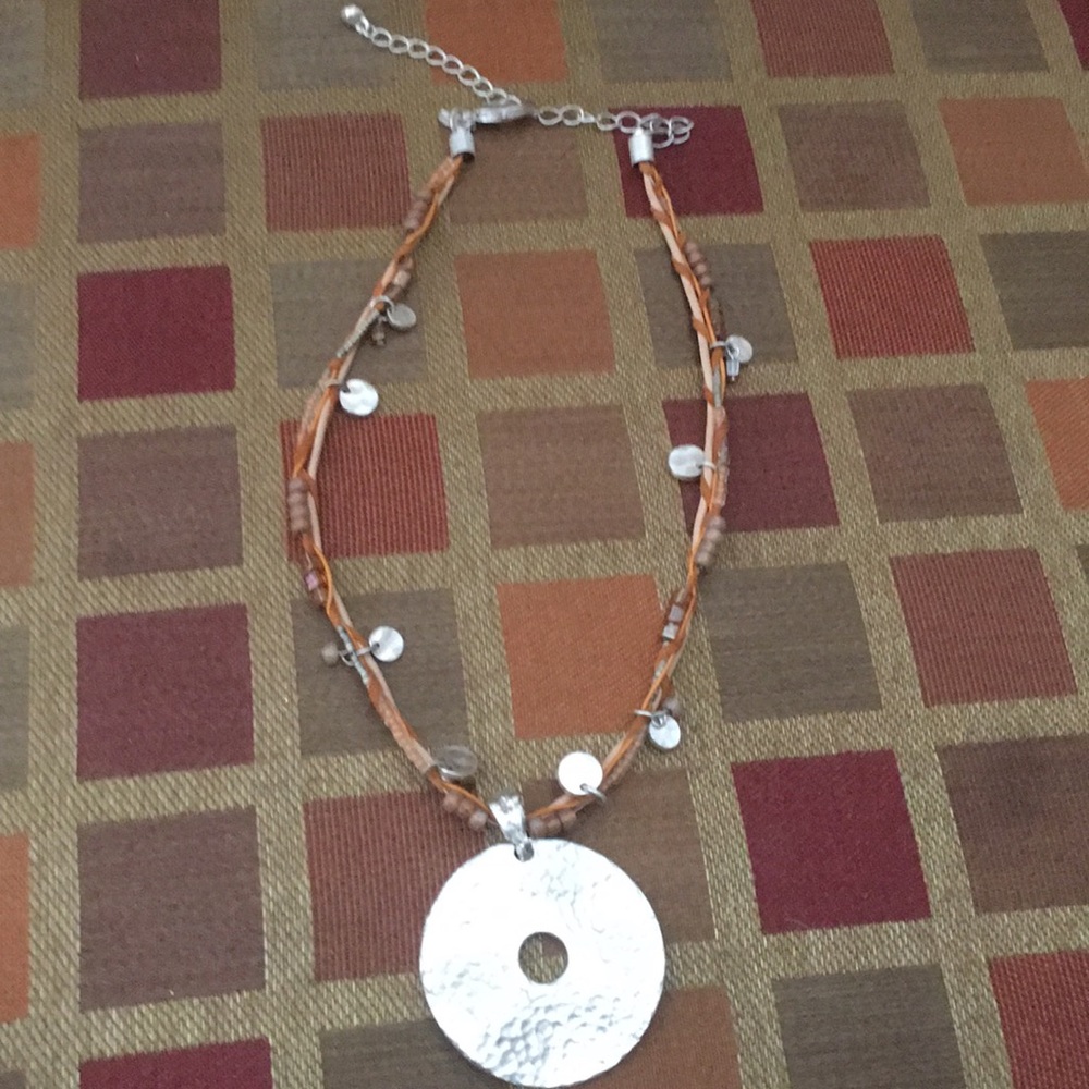Chico’s silver pendant necklace with leather chain